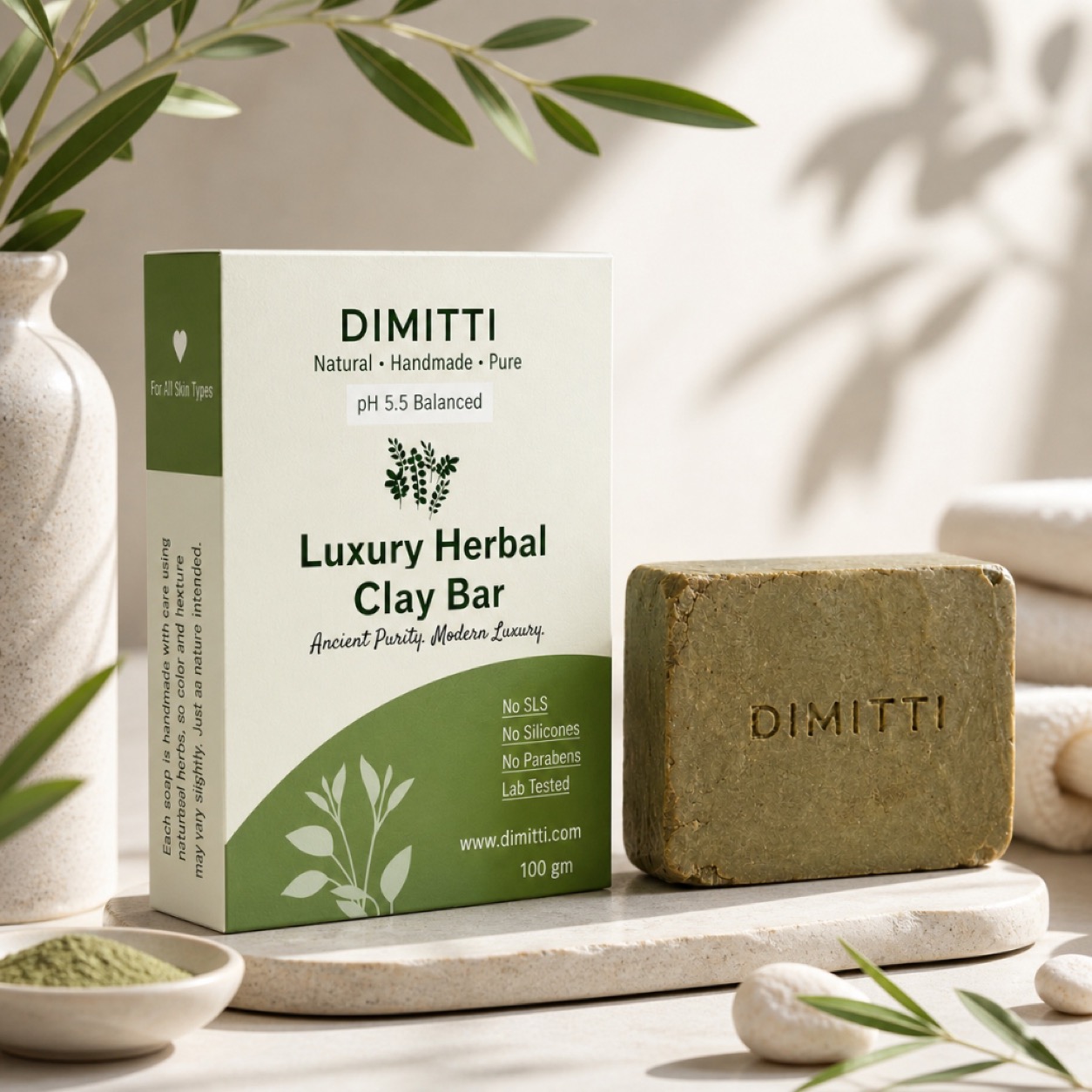 DIMITTI 100 g herbal clay cleansing bar beside its ivory and olive packaging on a stone tray